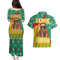 Guinea Christmas Couples Matching Puletasi and Hawaiian Shirt with Santa Chimpanzee Heart Hands and Green Red Snowflake Pattern - Wonder Print Shop