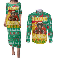 Guinea Christmas Couples Matching Puletasi and Long Sleeve Button Shirt with Santa Chimpanzee Heart Hands and Green Red Snowflake Pattern - Wonder Print Shop