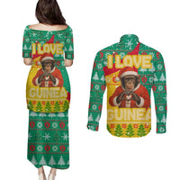 Guinea Christmas Couples Matching Puletasi and Long Sleeve Button Shirt with Santa Chimpanzee Heart Hands and Green Red Snowflake Pattern - Wonder Print Shop