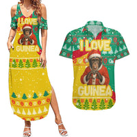 Guinea Christmas Couples Matching Summer Maxi Dress and Hawaiian Shirt with Santa Chimpanzee Heart Hands and Green Red Snowflake Pattern - Wonder Print Shop