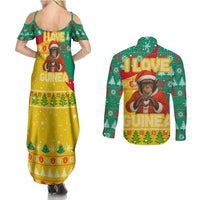 Guinea Christmas Couples Matching Summer Maxi Dress and Long Sleeve Button Shirt with Santa Chimpanzee Heart Hands and Green Red Snowflake Pattern - Wonder Print Shop