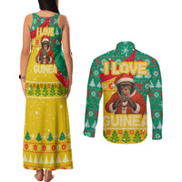 Guinea Christmas Couples Matching Tank Maxi Dress and Long Sleeve Button Shirt with Santa Chimpanzee Heart Hands and Green Red Snowflake Pattern - Wonder Print Shop
