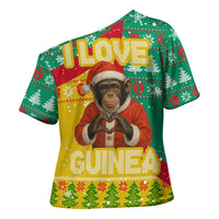 Guinea Christmas Cross Shoulder Shirt with Santa Chimpanzee Heart Hands and Green Red Snowflake Pattern - Wonder Print Shop