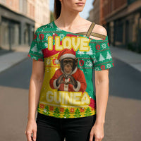 Guinea Christmas Cross Shoulder Shirt with Santa Chimpanzee Heart Hands and Green Red Snowflake Pattern - Wonder Print Shop
