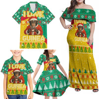Guinea Christmas Family Matching Off Shoulder Maxi Dress and Hawaiian Shirt with Santa Chimpanzee Heart Hands and Green Red Snowflake Pattern - Wonder Print Shop