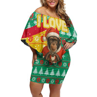 Guinea Christmas Family Matching Off Shoulder Short Dress and Hawaiian Shirt with Santa Chimpanzee Heart Hands and Green Red Snowflake Pattern - Wonder Print Shop