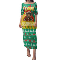 Guinea Christmas Family Matching Puletasi and Hawaiian Shirt with Santa Chimpanzee Heart Hands and Green Red Snowflake Pattern - Wonder Print Shop