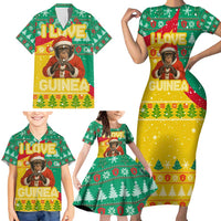 Guinea Christmas Family Matching Short Sleeve Bodycon Dress and Hawaiian Shirt with Santa Chimpanzee Heart Hands and Green Red Snowflake Pattern - Wonder Print Shop