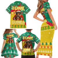 Guinea Christmas Family Matching Short Sleeve Bodycon Dress and Hawaiian Shirt with Santa Chimpanzee Heart Hands and Green Red Snowflake Pattern - Wonder Print Shop