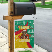 Guinea Christmas Garden Flag with Santa Chimpanzee Heart Hands and Green Red Snowflake Pattern - Wonder Print Shop