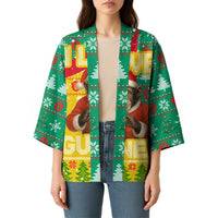 Guinea Christmas Kimono with Santa Chimpanzee Heart Hands and Green Red Snowflake Pattern - Wonder Print Shop