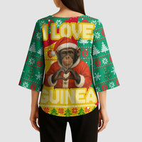 Guinea Christmas Kimono Sleeve Blouse with Santa Chimpanzee Heart Hands and Green Red Snowflake Pattern - Wonder Print Shop