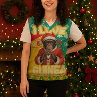 Guinea Christmas Knitted V-Neck Vest with Santa Chimpanzee Heart Hands and Green Red Snowflake Pattern - Wonder Print Shop