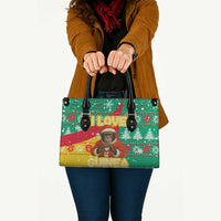 Guinea Christmas Leather Bag with Santa Chimpanzee Heart Hands and Green Red Snowflake Pattern - Wonder Print Shop