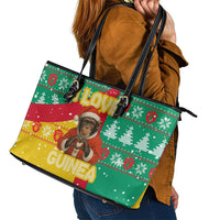 Guinea Christmas Leather Tote Bag with Santa Chimpanzee Heart Hands and Green Red Snowflake Pattern - Wonder Print Shop