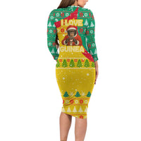 Guinea Christmas Long Sleeve Bodycon Dress with Santa Chimpanzee Heart Hands and Green Red Snowflake Pattern - Wonder Print Shop