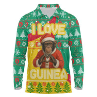 Guinea Christmas Long Sleeve Polo Shirt with Santa Chimpanzee Heart Hands and Green Red Snowflake Pattern - Wonder Print Shop