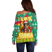Guinea Christmas Off Shoulder Sweater with Santa Chimpanzee Heart Hands and Green Red Snowflake Pattern - Wonder Print Shop