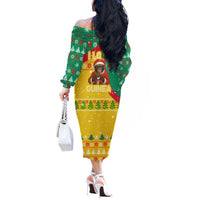 Guinea Christmas Off The Shoulder Long Sleeve Dress with Santa Chimpanzee Heart Hands and Green Red Snowflake Pattern - Wonder Print Shop