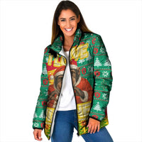 Guinea Christmas Padded Jacket with Santa Chimpanzee Heart Hands and Green Red Snowflake Pattern - Wonder Print Shop