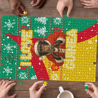 Guinea Christmas Puzzle with Santa Chimpanzee Heart Hands and Green Red Snowflake Pattern - Wonder Print Shop