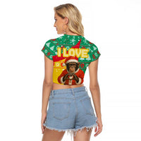 Guinea Christmas Raglan Cropped T Shirt with Santa Chimpanzee Heart Hands and Green Red Snowflake Pattern - Wonder Print Shop