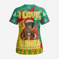 Guinea Christmas Scrub Top with Santa Chimpanzee Heart Hands and Green Red Snowflake Pattern - Wonder Print Shop