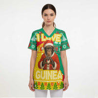 Guinea Christmas Scrub Top with Santa Chimpanzee Heart Hands and Green Red Snowflake Pattern - Wonder Print Shop