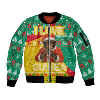 Guinea Christmas Sleeve Zip Bomber Jacket with Santa Chimpanzee Heart Hands and Green Red Snowflake Pattern - Wonder Print Shop