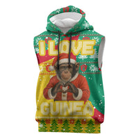 Guinea Christmas Sleeveless Hoodie with Santa Chimpanzee Heart Hands and Green Red Snowflake Pattern - Wonder Print Shop