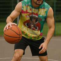 Guinea Christmas Sleeveless Hoodie with Santa Chimpanzee Heart Hands and Green Red Snowflake Pattern - Wonder Print Shop