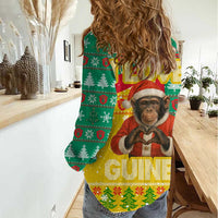 Guinea Christmas Women Casual Shirt with Santa Chimpanzee Heart Hands and Green Red Snowflake Pattern - Wonder Print Shop