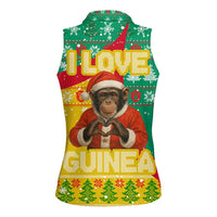 Guinea Christmas Women Sleeveless Polo Shirt with Santa Chimpanzee Heart Hands and Green Red Snowflake Pattern - Wonder Print Shop