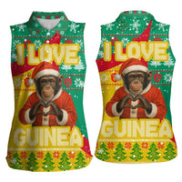 Guinea Christmas Women Sleeveless Polo Shirt with Santa Chimpanzee Heart Hands and Green Red Snowflake Pattern - Wonder Print Shop