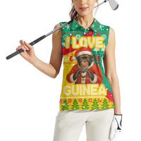 Guinea Christmas Women Sleeveless Polo Shirt with Santa Chimpanzee Heart Hands and Green Red Snowflake Pattern - Wonder Print Shop