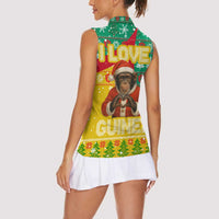 Guinea Christmas Women Sleeveless Polo Shirt with Santa Chimpanzee Heart Hands and Green Red Snowflake Pattern - Wonder Print Shop