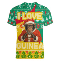Guinea Christmas Women V-Neck T-Shirt with Santa Chimpanzee Heart Hands and Green Red Snowflake Pattern - Wonder Print Shop