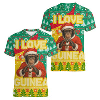 Guinea Christmas Women V-Neck T-Shirt with Santa Chimpanzee Heart Hands and Green Red Snowflake Pattern - Wonder Print Shop