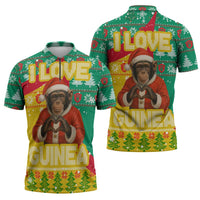 Guinea Christmas Zipper Polo Shirt with Santa Chimpanzee Heart Hands and Green Red Snowflake Pattern - Wonder Print Shop