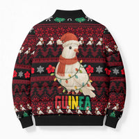 Guinea Christmas Bomber Puffer Jacket with Festive Dove String Lights and Red Black Holiday Pattern - Wonder Print Shop