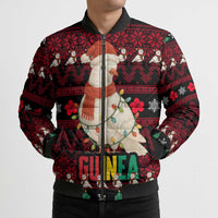 Guinea Christmas Bomber Puffer Jacket with Festive Dove String Lights and Red Black Holiday Pattern - Wonder Print Shop