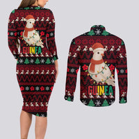 Guinea Christmas Couples Matching Long Sleeve Bodycon Dress and Long Sleeve Button Shirt with Festive Dove String Lights and Red Black Holiday Pattern - Wonder Print Shop