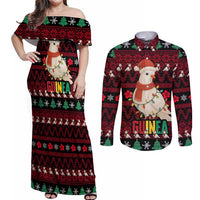 Guinea Christmas Couples Matching Off Shoulder Maxi Dress and Long Sleeve Button Shirt with Festive Dove String Lights and Red Black Holiday Pattern - Wonder Print Shop