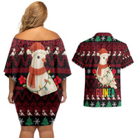 Guinea Christmas Couples Matching Off Shoulder Short Dress and Hawaiian Shirt with Festive Dove String Lights and Red Black Holiday Pattern - Wonder Print Shop