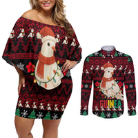 Guinea Christmas Couples Matching Off Shoulder Short Dress and Long Sleeve Button Shirt with Festive Dove String Lights and Red Black Holiday Pattern - Wonder Print Shop