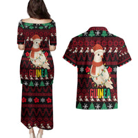 Guinea Christmas Couples Matching Puletasi and Hawaiian Shirt with Festive Dove String Lights and Red Black Holiday Pattern - Wonder Print Shop