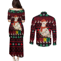 Guinea Christmas Couples Matching Puletasi and Long Sleeve Button Shirt with Festive Dove String Lights and Red Black Holiday Pattern - Wonder Print Shop