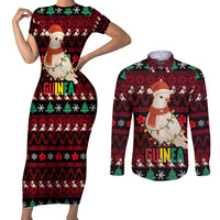 Guinea Christmas Couples Matching Short Sleeve Bodycon Dress and Long Sleeve Button Shirt with Festive Dove String Lights and Red Black Holiday Pattern - Wonder Print Shop