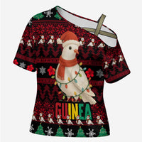 Guinea Christmas Cross Shoulder Shirt with Festive Dove String Lights and Red Black Holiday Pattern - Wonder Print Shop