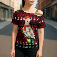Guinea Christmas Cross Shoulder Shirt with Festive Dove String Lights and Red Black Holiday Pattern - Wonder Print Shop